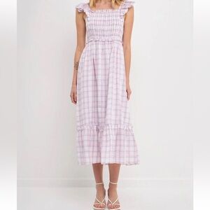 Smocked linen type gingham plaid dress